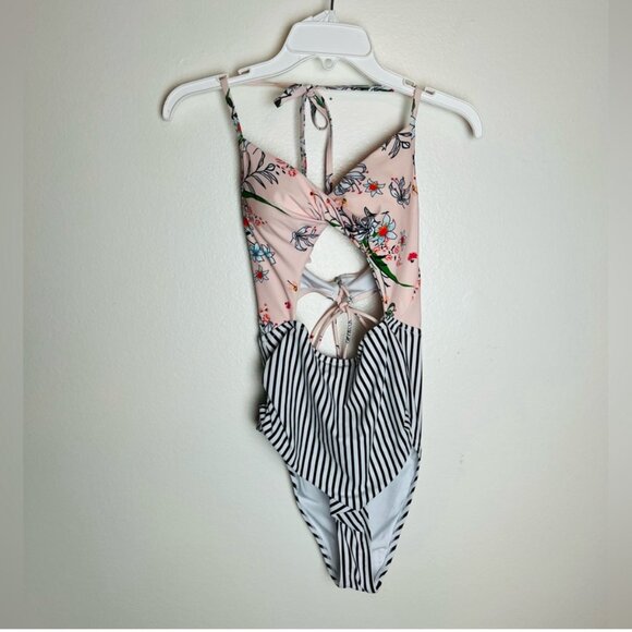 NWOT Cupshe Pink Floral Twist Front Striped Halter One Piece Cutout Swimsuit, M - Picture 7 of 14